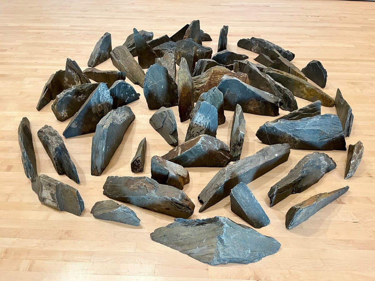 A collection of dark, flaked stone tools or artifacts arranged in a circular pattern on a light-colored wooden floor.