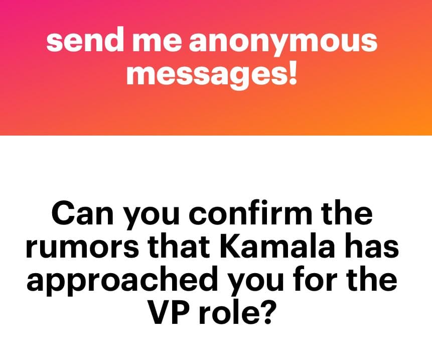 A text-based image with a red-to-orange gradient header and a white body. The header reads 'send me anonymous messages!' and the body contains a question about political rumors.