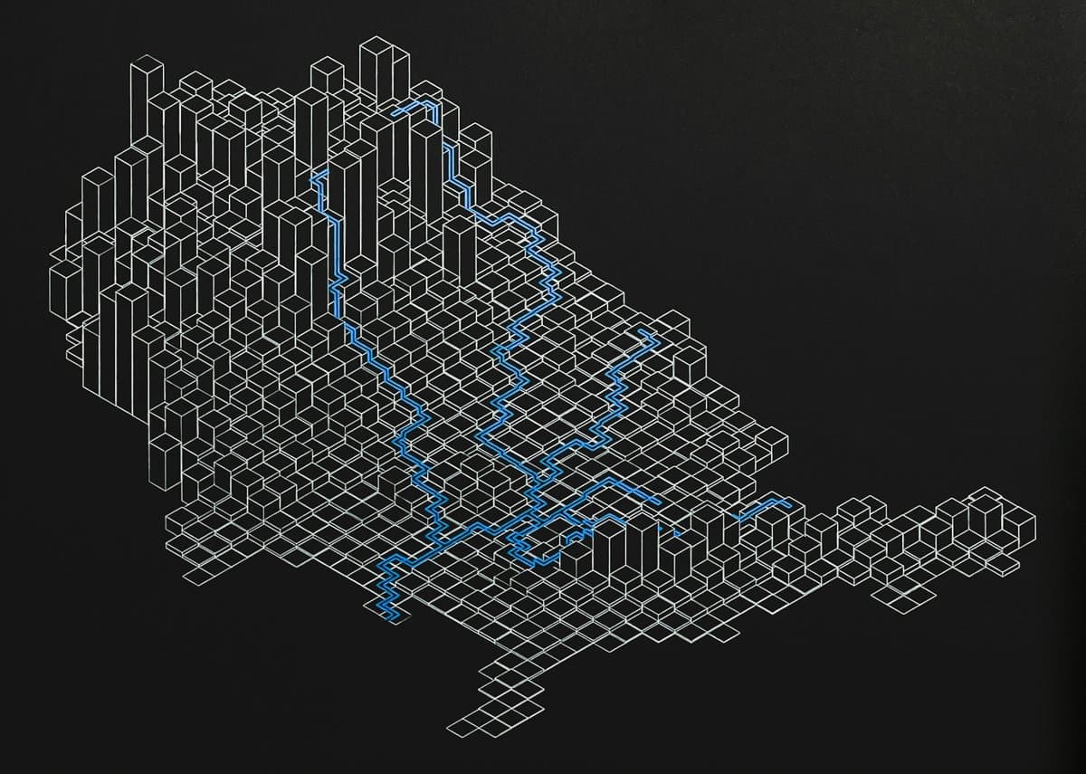 A 3D isometric data visualization of the Mississippi River system elevation, rendered in white and blue lines on a black background. The graphic uses vertical bars of varying heights to represent topography and blue lines to trace the river's path.