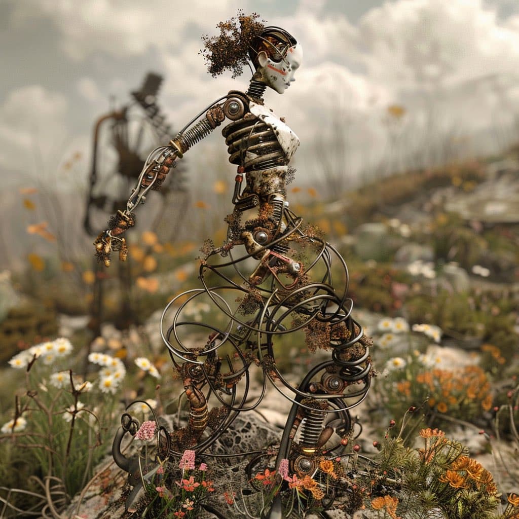 A surreal, steampunk-style digital artwork depicting a humanoid figure made of metal springs, gears, and wires, with a porcelain-like face and a bouquet of dried flowers for hair. The figure stands in a field of wildflowers and rocks under a cloudy sky, with another similar mechanical structure visible in the background.