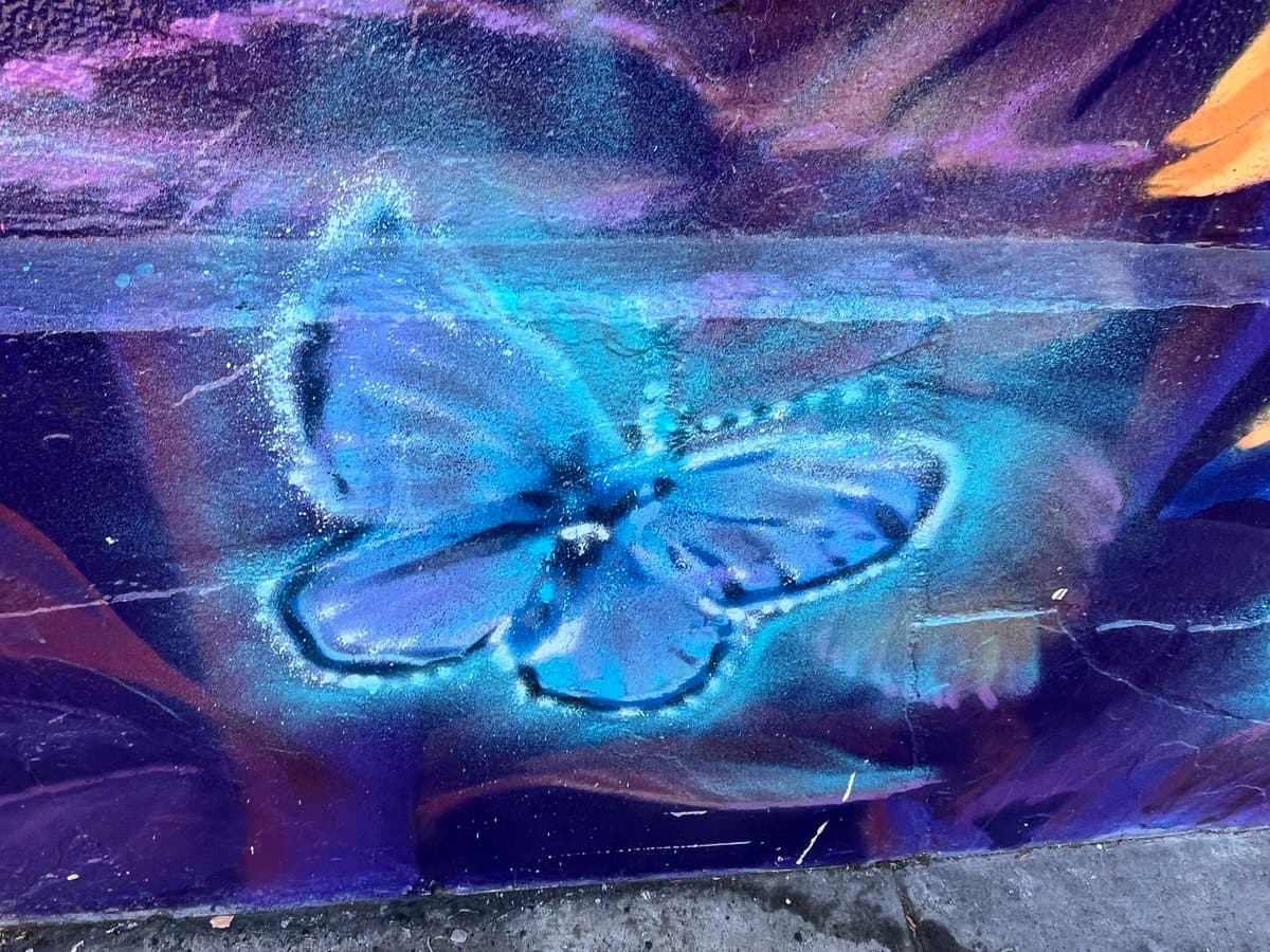 A close-up photograph of a colorful piece of street art or graffiti featuring a large, stylized butterfly. The butterfly is painted in shades of blue and purple with a glowing white outline, set against a dark, textured background with splashes of other colors.
