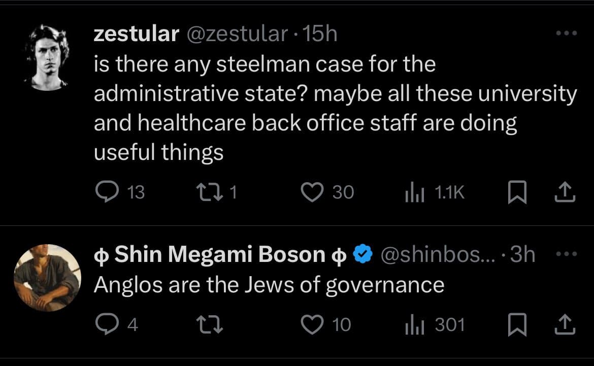 A screenshot of a Twitter conversation showing a reply to a question about the administrative state. The original tweet by user zestular asks if there is a steelman case for the administrative state, while the reply from Shin Megami Boson states that 'Anglos are the Jews of governance.'