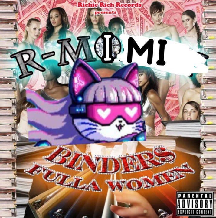 A meme-style image parodying a music album cover, featuring a collage of women against a background of money and stacks of CDs, with a pixel-art cat wearing sunglasses superimposed in the center. The text reads 'R-MI MI' and 'BINDER'S FULL A WOMEN', with a Parental Advisory label in the corner.