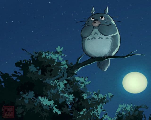 A digital illustration of the character Totoro from the animated film My Neighbor Totoro, perched on a tree branch against a starry night sky with a full moon. The character is depicted in a classic anime style with a surprised expression, looking upward.