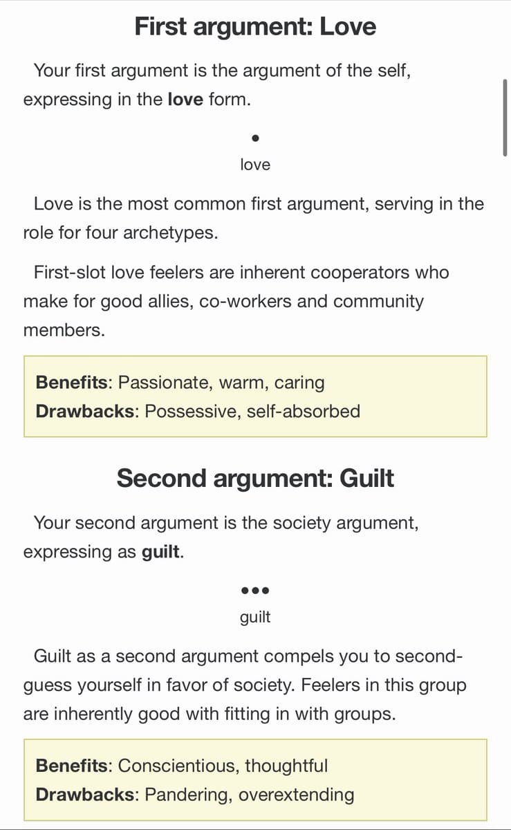 A screenshot of a text-based article or test result explaining personality archetypes. It details the 'First argument: Love' and 'Second argument: Guilt,' describing their associated benefits and drawbacks in highlighted boxes.