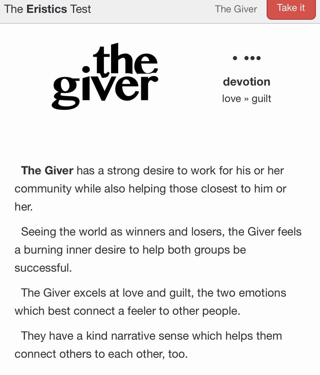 A screenshot of a personality test result page titled 'The Eristics Test,' which identifies the user as 'The Giver.' The page includes a logo, a list of traits, and a paragraph describing the character type.