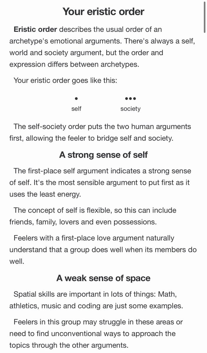 A screenshot of a text-based personality or archetype test result page titled 'Your eristic order.' The page explains the user's specific argument order (self, then society) and includes sections describing a 'strong sense of self' and a 'weak sense of space.'