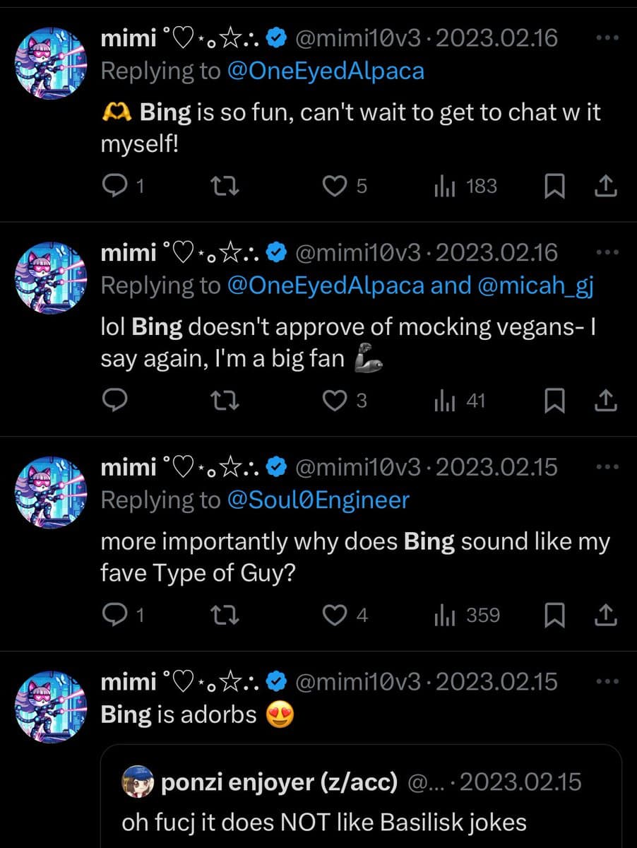 A screenshot of a Twitter thread by user @mimi10v3, showing several replies from February 15-16, 2023, discussing the AI chatbot Bing. The posts express enthusiasm for Bing, with one user noting it doesn't like 'Basilisk jokes'.