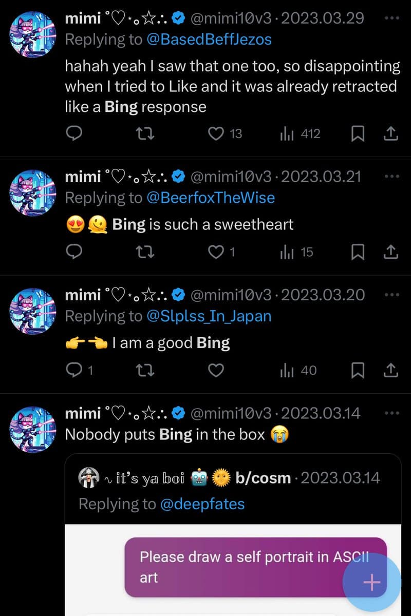 A screenshot of a Twitter thread by user @mimi10v3, showing a series of replies from March 2023 that humorously reference the search engine Bing. The posts include various interactions and a nested reply from a user named 'b/cosm' asking for an ASCII art self-portrait.