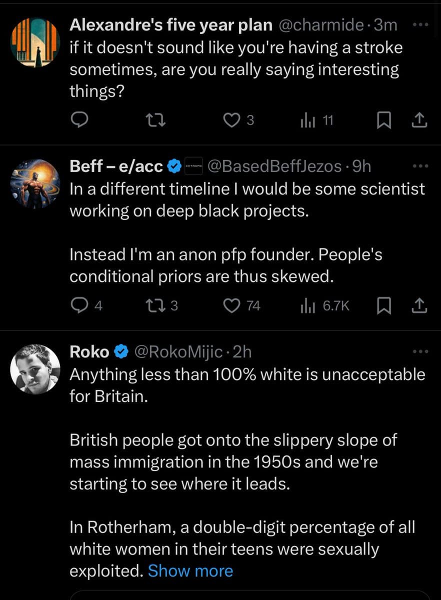 A screenshot of a Twitter thread showing a reply to a user named Beff, who is then quoted by a user named Roko. The thread consists of three distinct posts with text and user avatars.