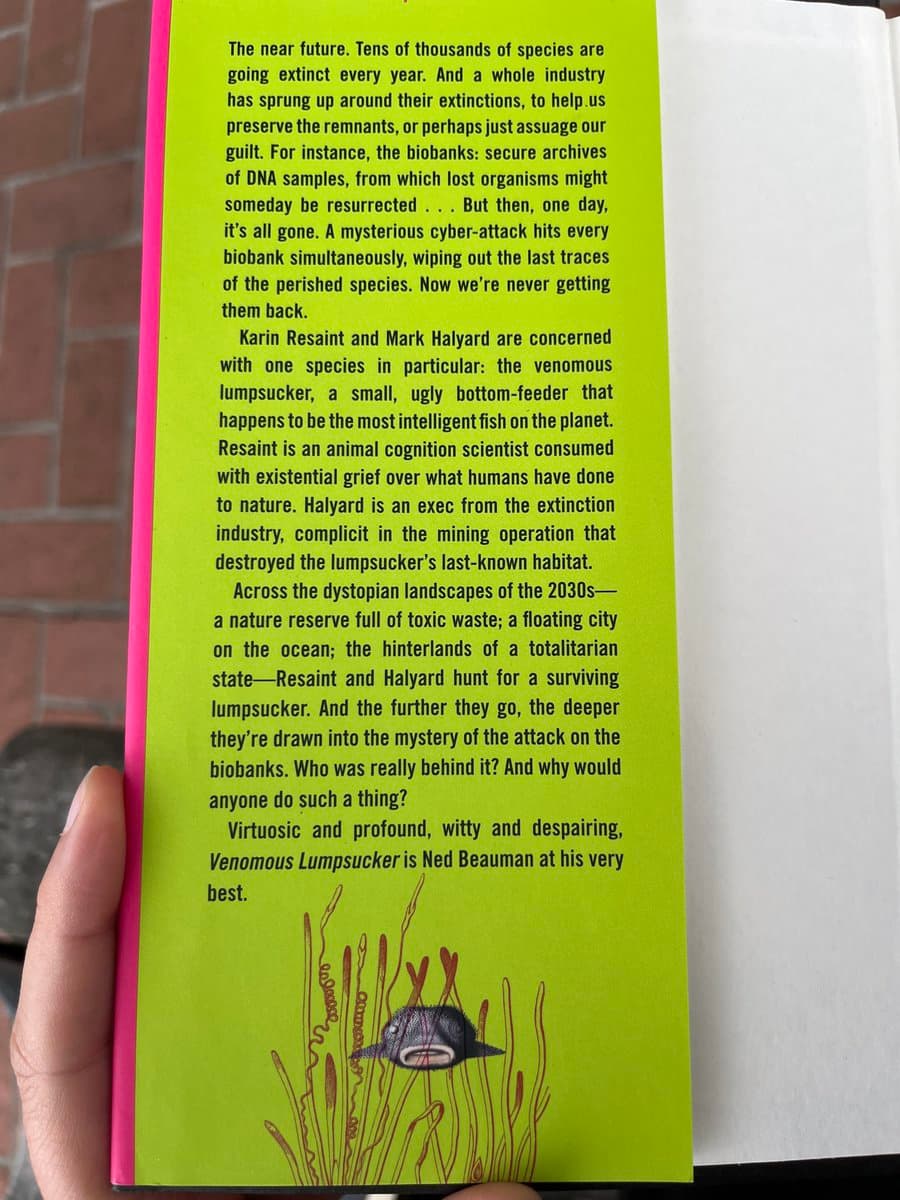 A photograph of a person holding open a book, showing the back cover with a synopsis and a small illustration of a fish. The cover has a bright green background with black text and a pink spine.