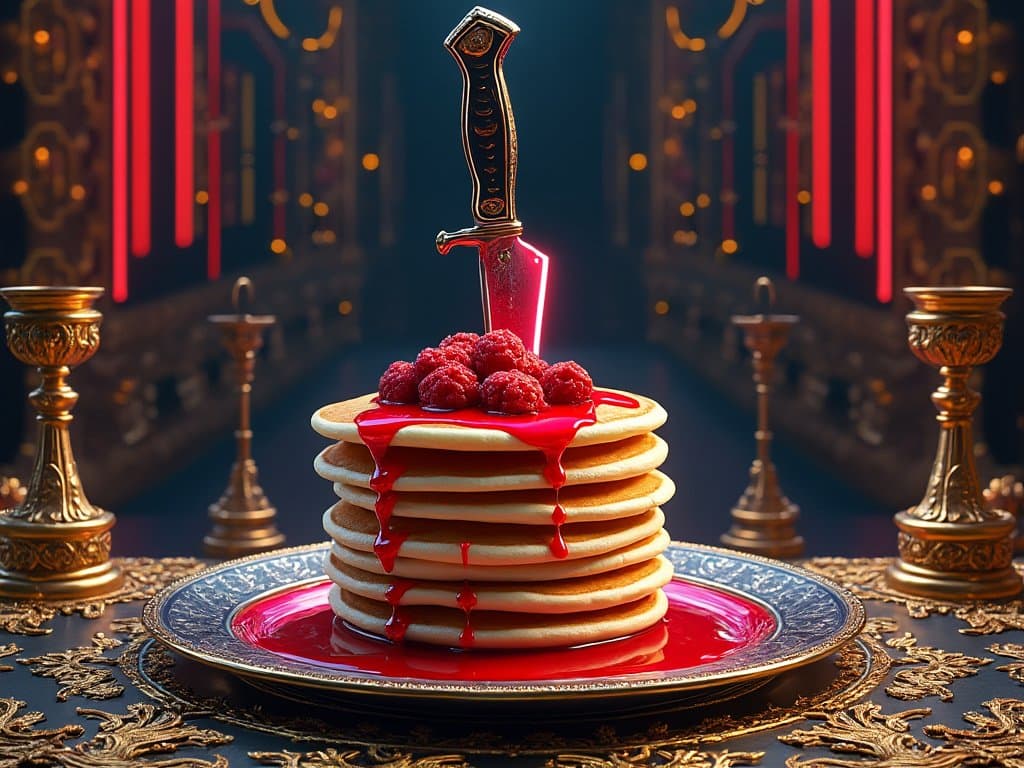 A digital illustration of a stack of pancakes topped with raspberries and a red syrup, with a glowing red-bladed dagger stuck into the center. The plate sits on an ornate table in a dark, gothic-style room with red lighting.