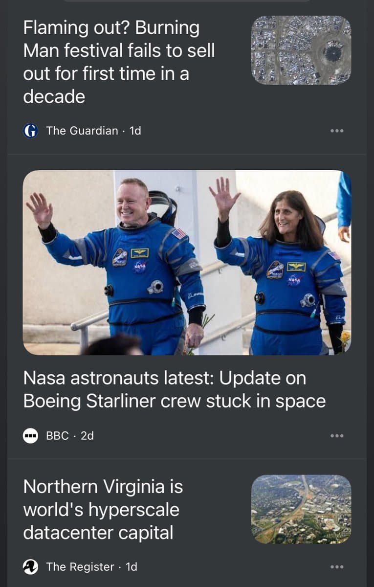 A screenshot of a social media news feed displaying three article previews. The central article, from BBC, features a photo of two astronauts in blue NASA flight suits waving, with the headline 'Nasa astronauts latest: Update on Boeing Starliner crew stuck in space'. The feed also includes articles from The Guardian and The Register.