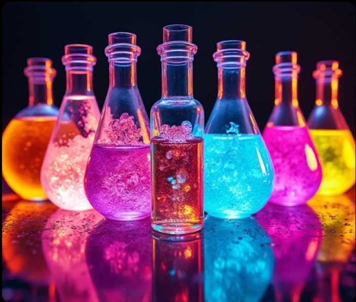 A row of seven glass bottles and flasks filled with brightly colored, glowing liquids in shades of orange, pink, purple, blue, and yellow, set against a dark background.