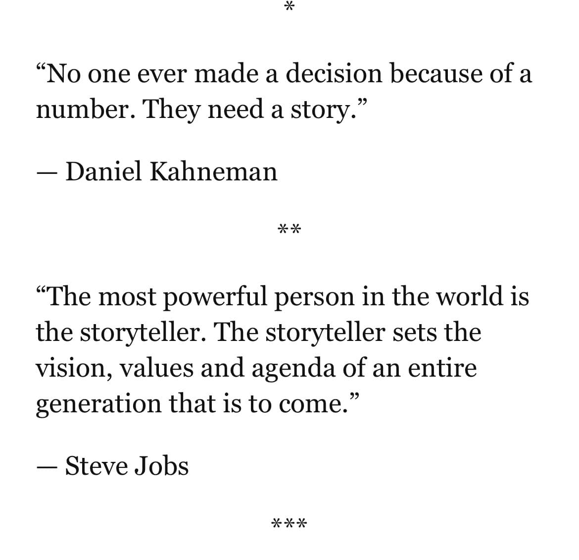 A text-based image displaying two quotes about the power of storytelling, attributed to Daniel Kahneman and Steve Jobs, separated by asterisks.