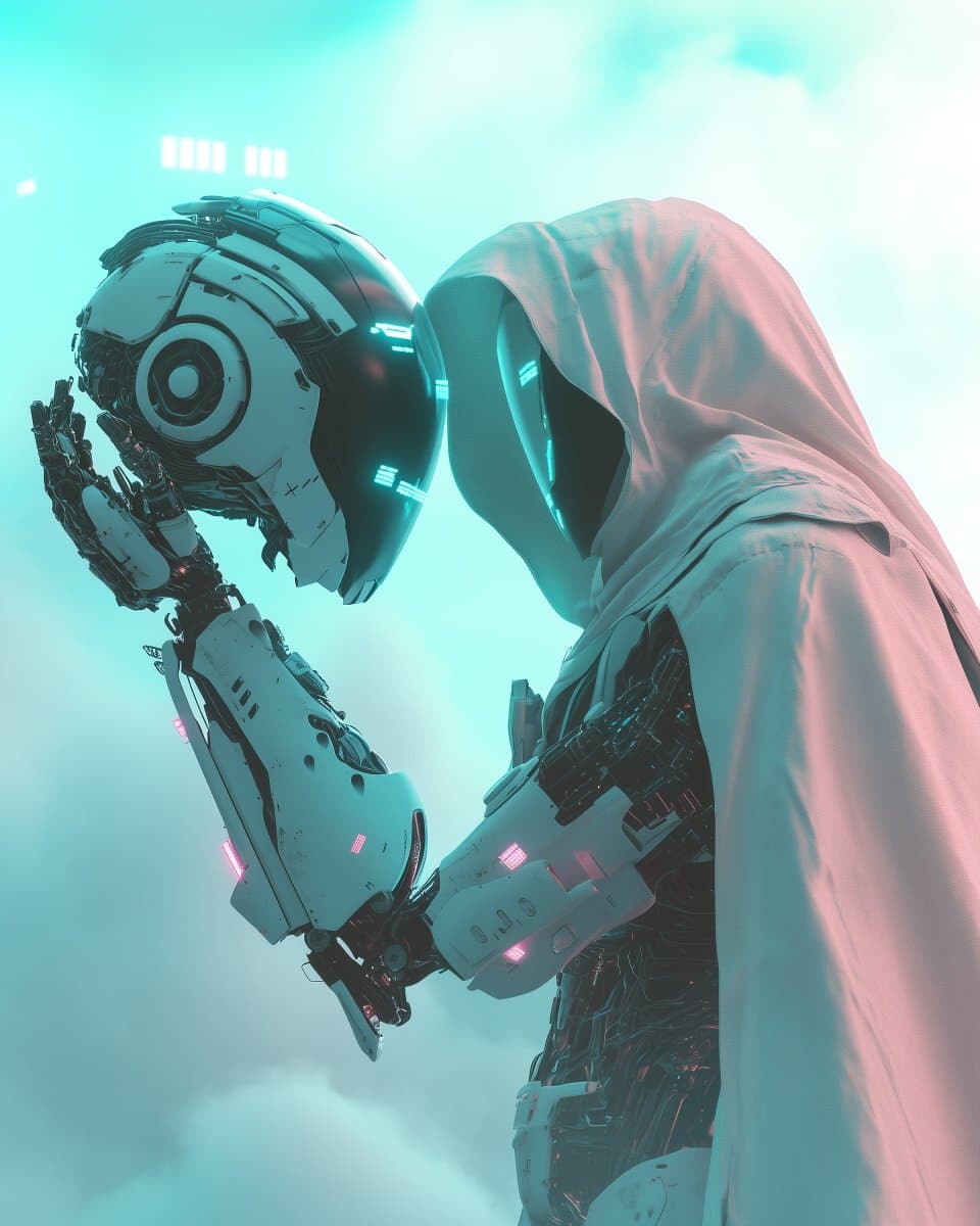 A digital illustration of a humanoid robot with a white and black mechanical body and a glowing blue eye, wearing a white hooded cloak and holding its head in a gesture of sorrow. The scene is set against a soft, cloudy sky with a cyan and pink color palette.
