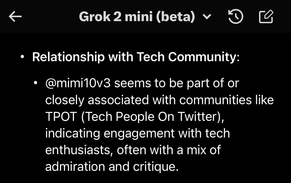 A screenshot of a text interface, likely an AI chat application, displaying a generated response. The text is a bullet point analyzing a user's relationship with the tech community.