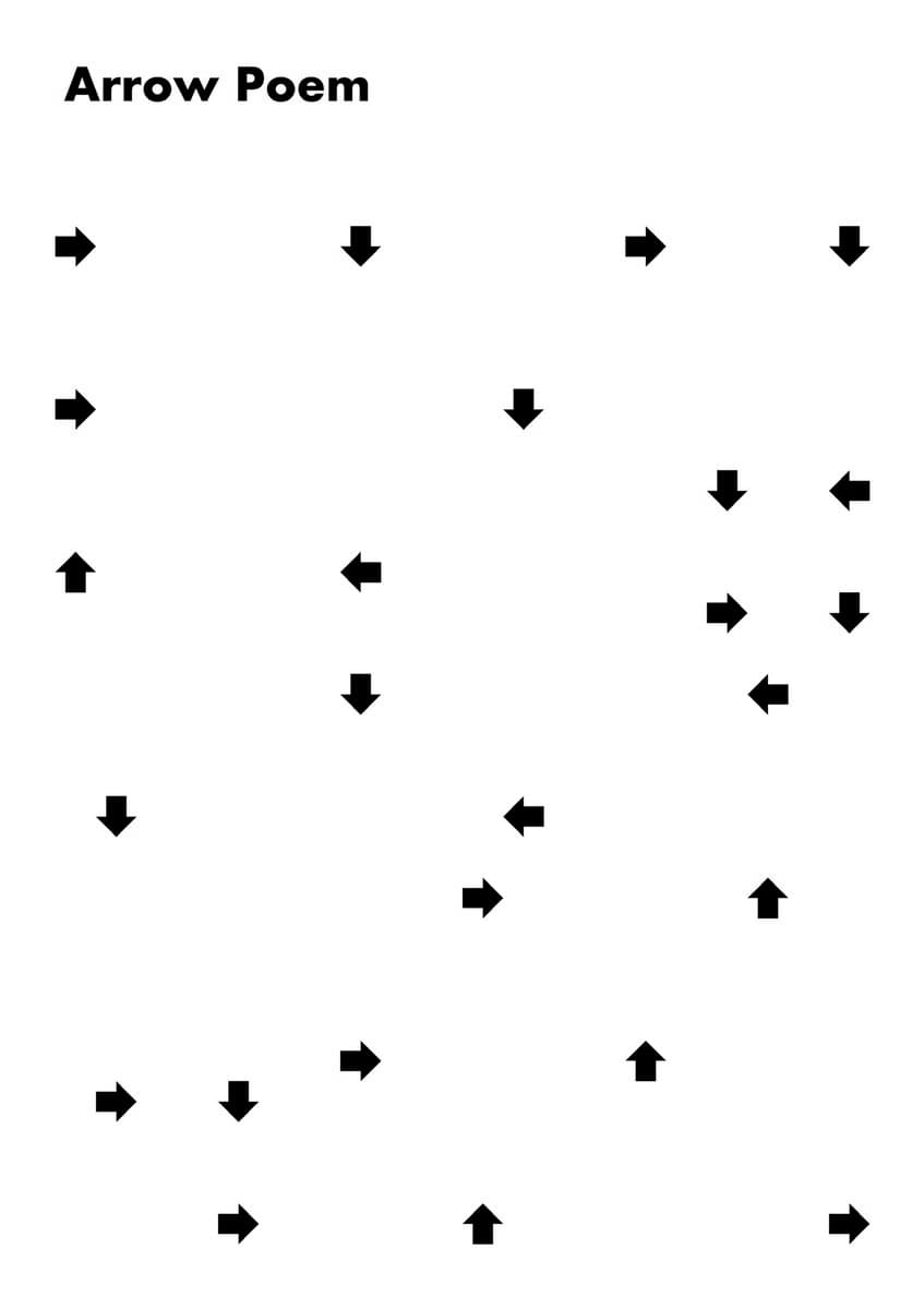 A minimalist graphic titled "Arrow Poem" featuring numerous black arrows pointing in various directions scattered across a white background. The image serves as a visual poem or conceptual art piece using directional symbols as its primary element.