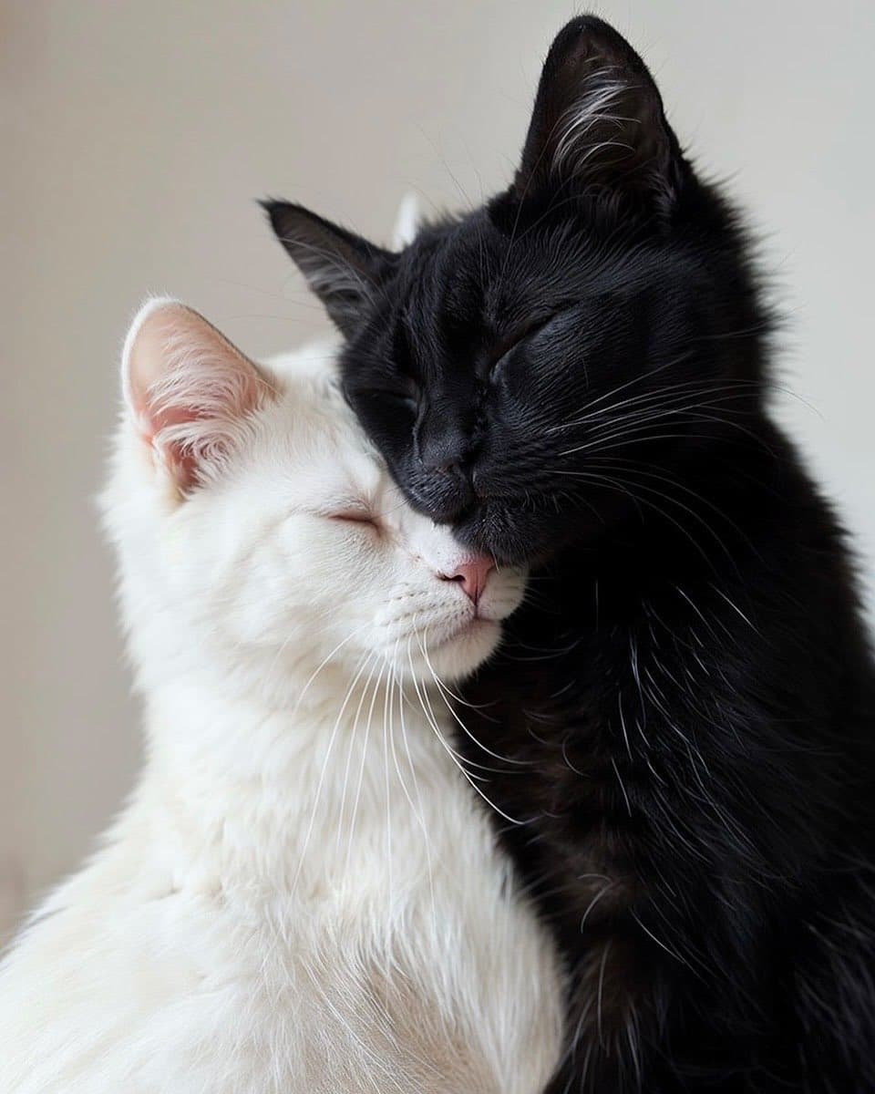 A close-up photograph of a black cat and a white cat nuzzling their heads together affectionately. Both cats have their eyes closed, conveying a sense of calm and comfort.