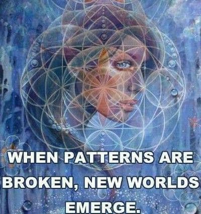 A digital art image featuring a woman's face overlaid with a geometric 'Flower of Life' pattern, set against a blue, textured background. White text at the bottom reads: 'WHEN PATTERNS ARE BROKEN, NEW WORLDS EMERGE.'