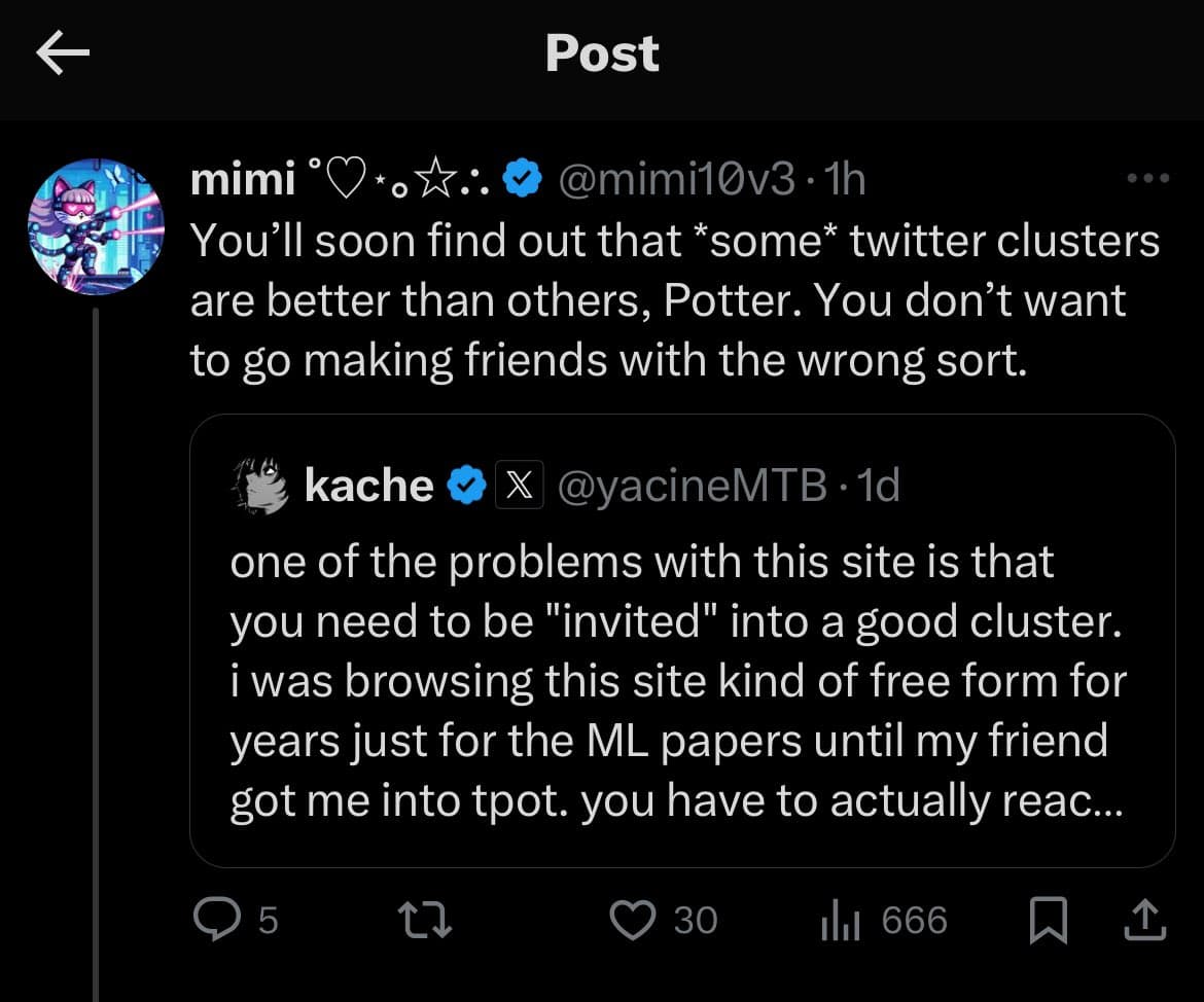 A screenshot of a Twitter post by user 'mimi' replying to a tweet by 'kache'. The post discusses the concept of 'twitter clusters' and the need to be 'invited' into good ones.