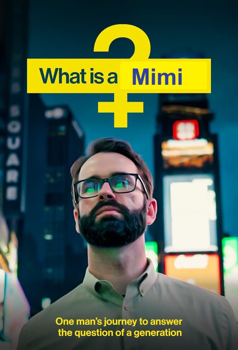 A YouTube-style thumbnail featuring a bearded man with glasses looking upward against a nighttime city backdrop. A large yellow question mark and a text box ask "What is a Mimi," with a subtitle below reading "One man's journey to answer the question of a generation."