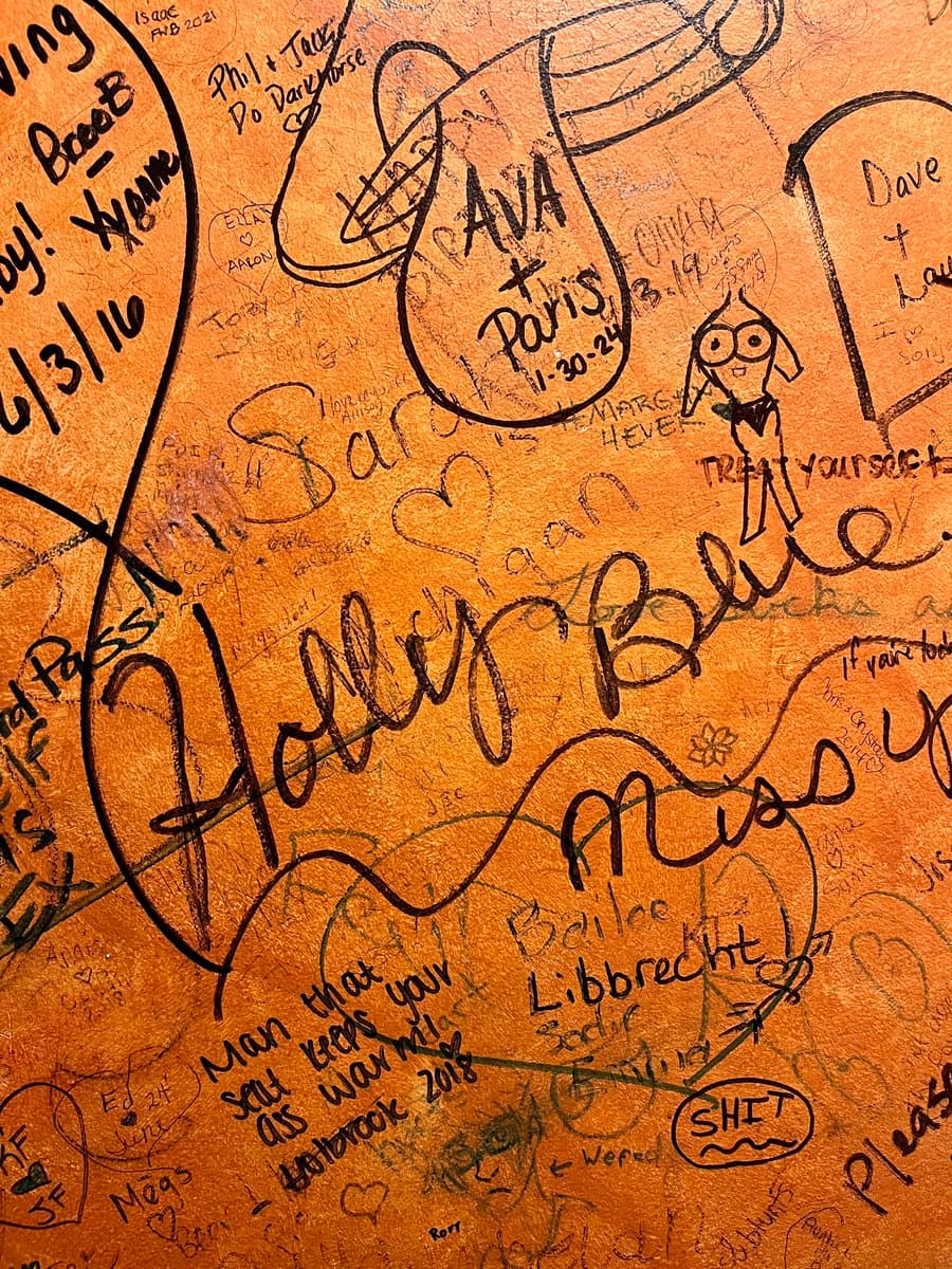 A close-up photograph of a textured, orange-brown surface covered in dense, overlapping handwritten signatures, doodles, and messages in black marker. The image captures a chaotic collage of personal notes, dates, and simple drawings, including a cartoon figure and a lightbulb shape.