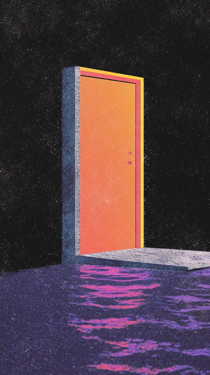 A surreal digital illustration depicting a standalone orange door with a yellow and pink frame, set against a starry black background and standing on a reflective, purple-hued surface. The image has a grainy, textured aesthetic reminiscent of a retro poster or album art.