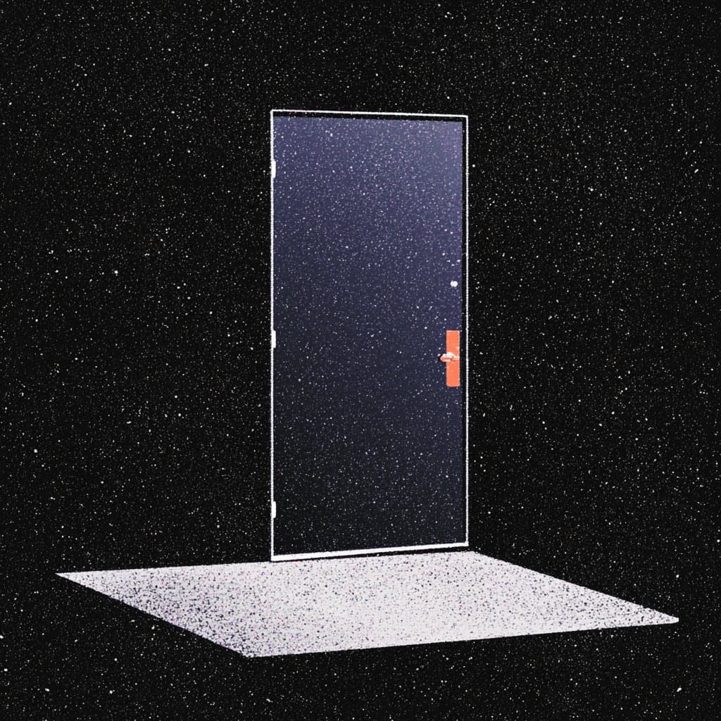 A surreal digital illustration showing a single, closed white door standing upright on a white rectangular platform against a black, star-filled background. The door has a small orange handle and appears to be the only object in the vast, cosmic space.