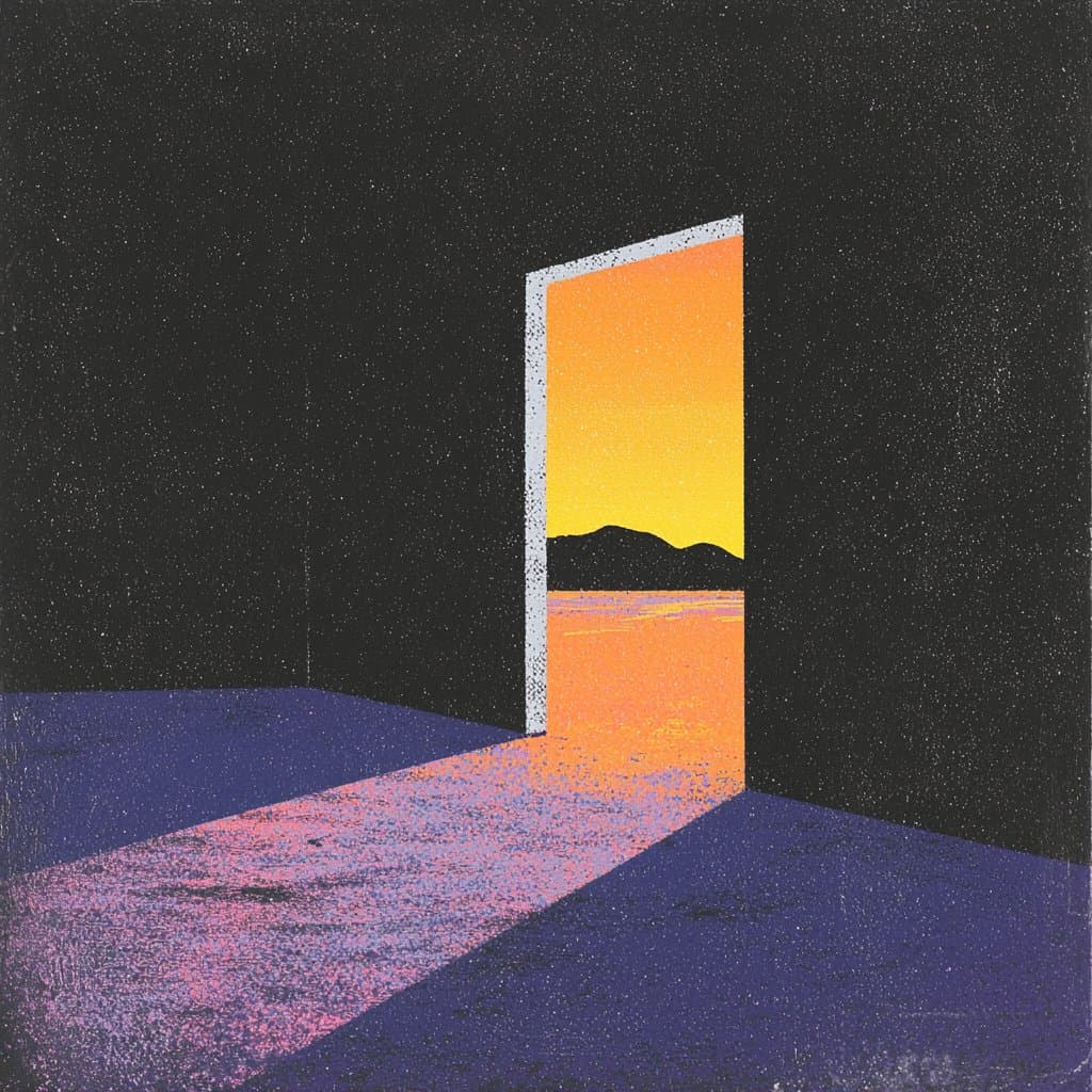 A minimalist digital illustration depicting a white-framed doorway standing in a dark void, revealing a bright orange and yellow landscape with a mountain silhouette and a body of water. The light from the doorway spills out onto a textured, purple-hued floor in the foreground.