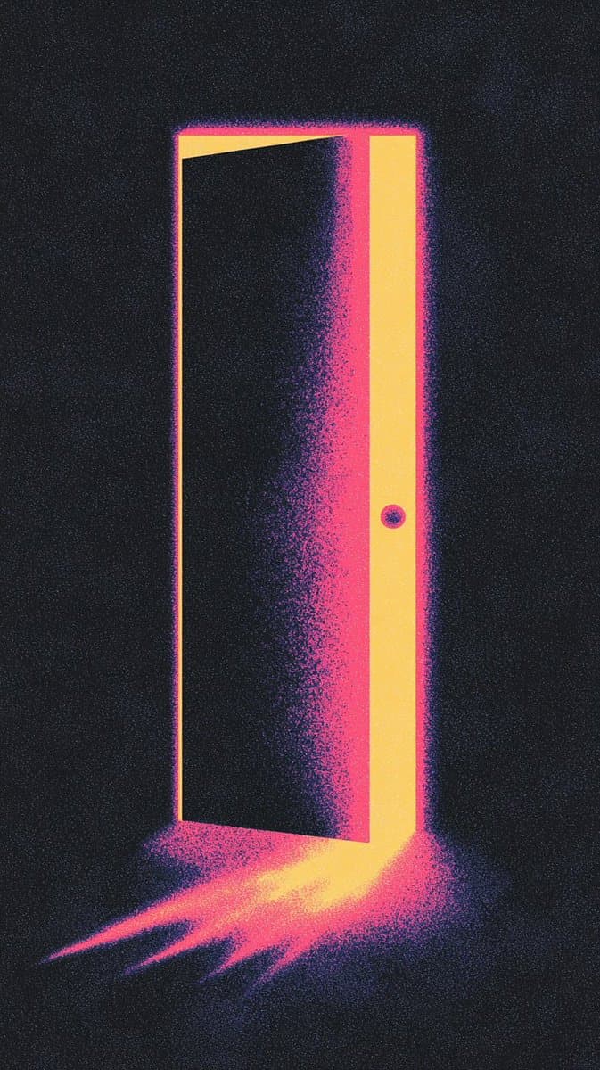 A stylized, grainy illustration of a slightly ajar door glowing with pink and yellow light against a dark background. The light spills out from the bottom of the door onto the floor. The image has a retro, psychedelic aesthetic.