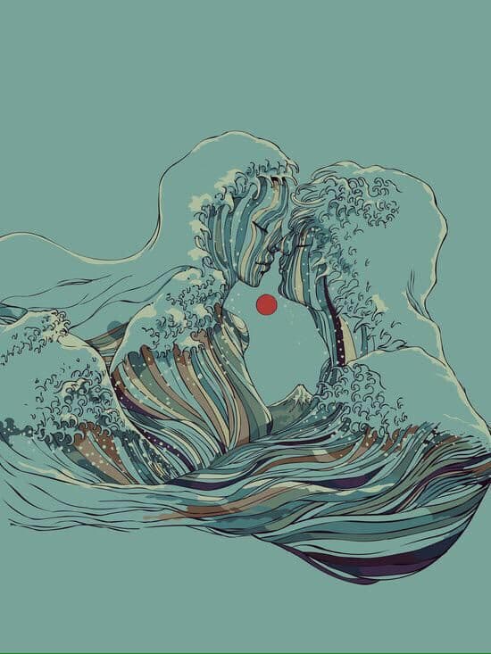 A digital illustration in a Japanese woodblock print style depicting a couple embracing, with their hair and clothing stylized as flowing ocean waves and clouds. A small red sun is visible in the negative space between their faces against a solid teal background.