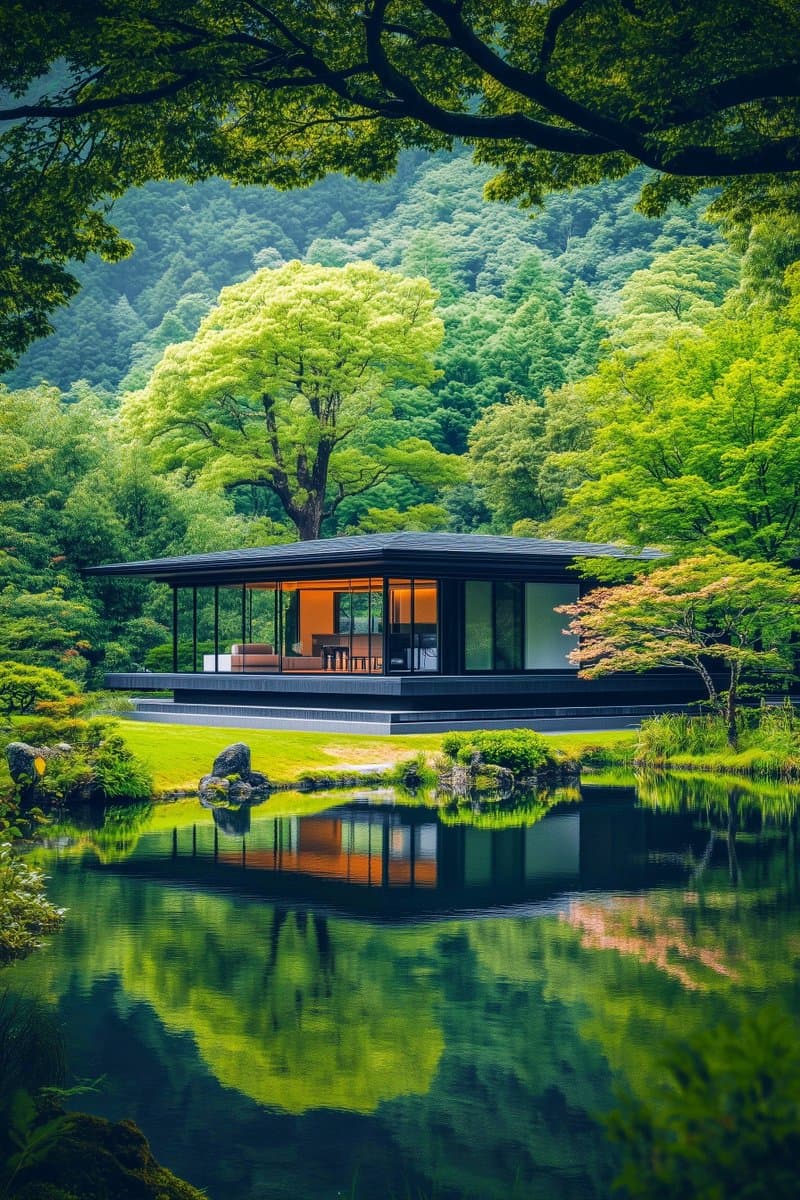 A modern, single-story house with large glass windows sits on a grassy bank surrounded by a lush, green forest and a calm body of water that reflects the building and trees. The scene is framed by overhanging tree branches at the top, creating a serene and natural atmosphere.