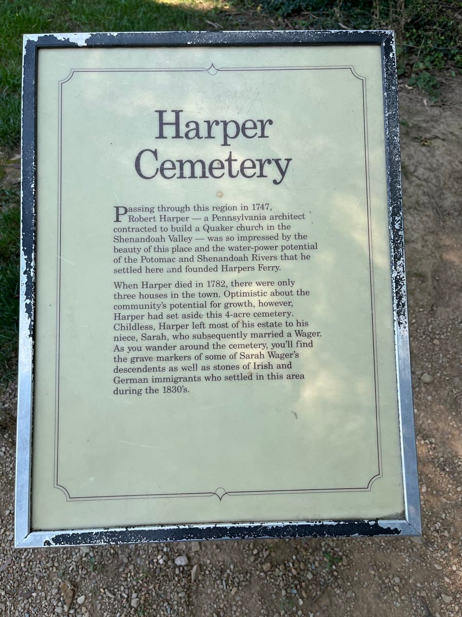 A weathered outdoor historical marker titled 'Harper Cemetery' standing on a gravel path. The sign explains the history of Robert Harper, a Pennsylvania architect who settled in the area and established the cemetery.