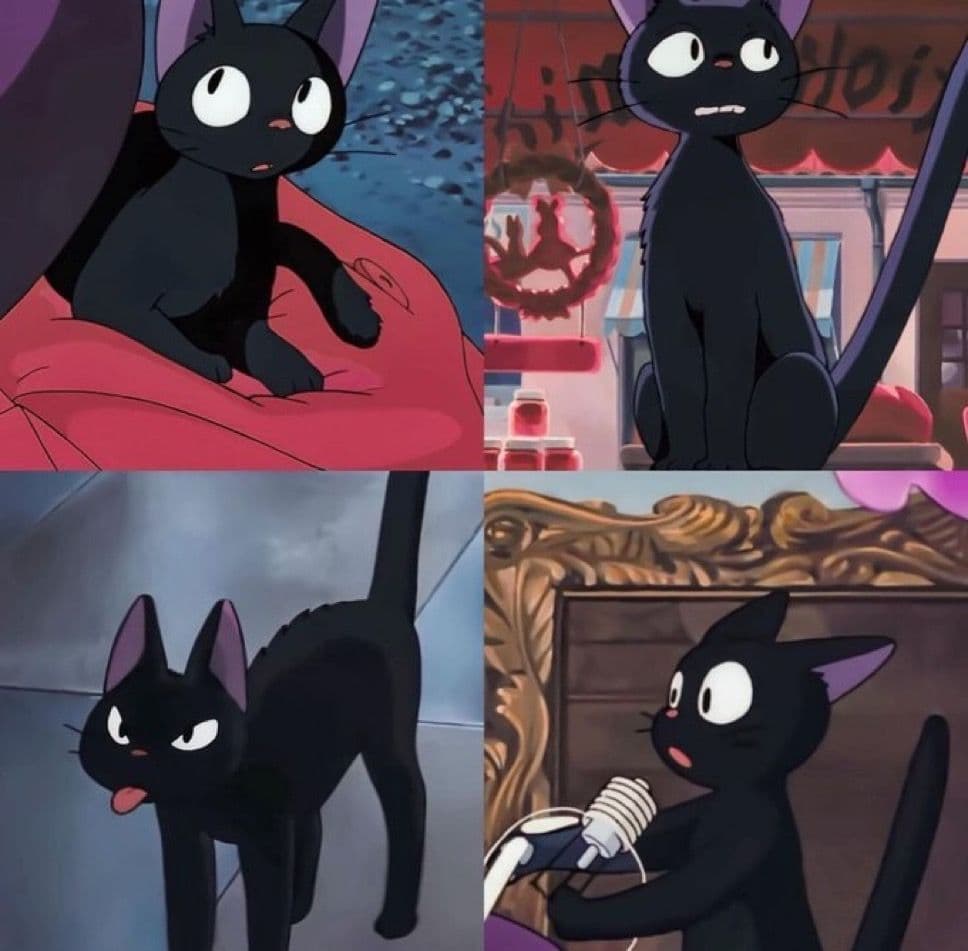 A four-panel collage of stills from the animated film Kiki's Delivery Service, featuring the black cat character Jiji in various poses and expressions.