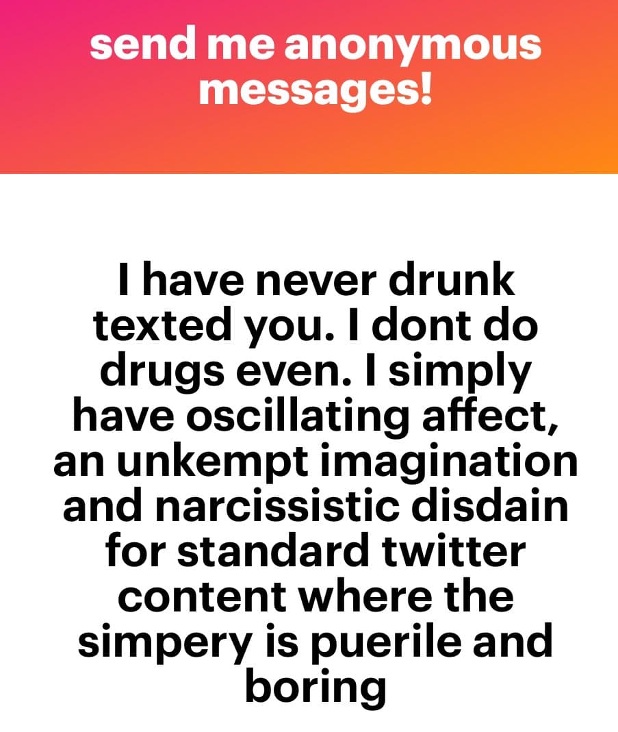 A text-based image with a pink-to-orange gradient header and a white body. The header contains a call to action, while the body contains a humorous, self-deprecating statement about the author's online behavior.