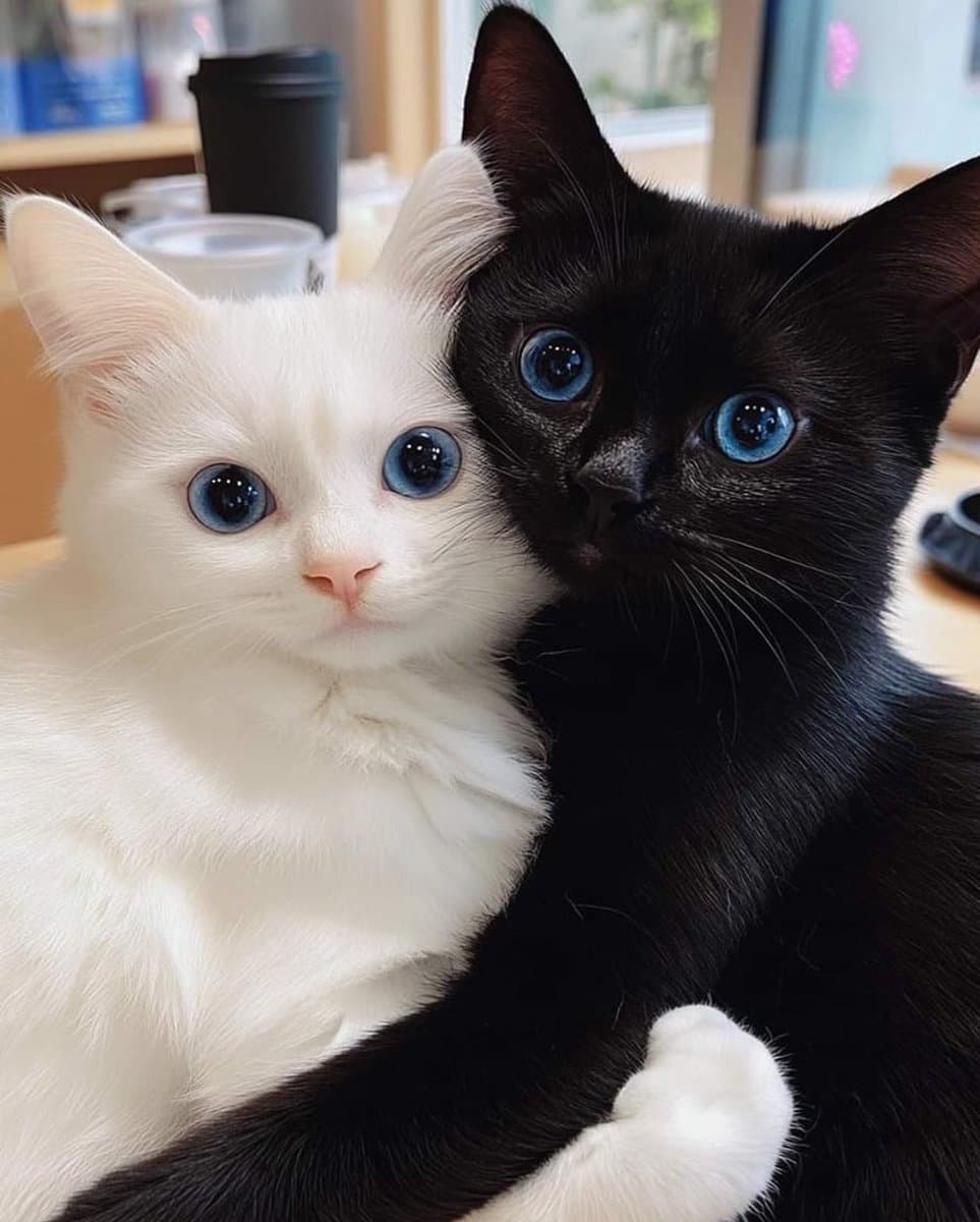 A close-up photograph of two cats with bright blue eyes, one white and one black, leaning their heads together. The black cat has its white paw resting on the white cat's chest.