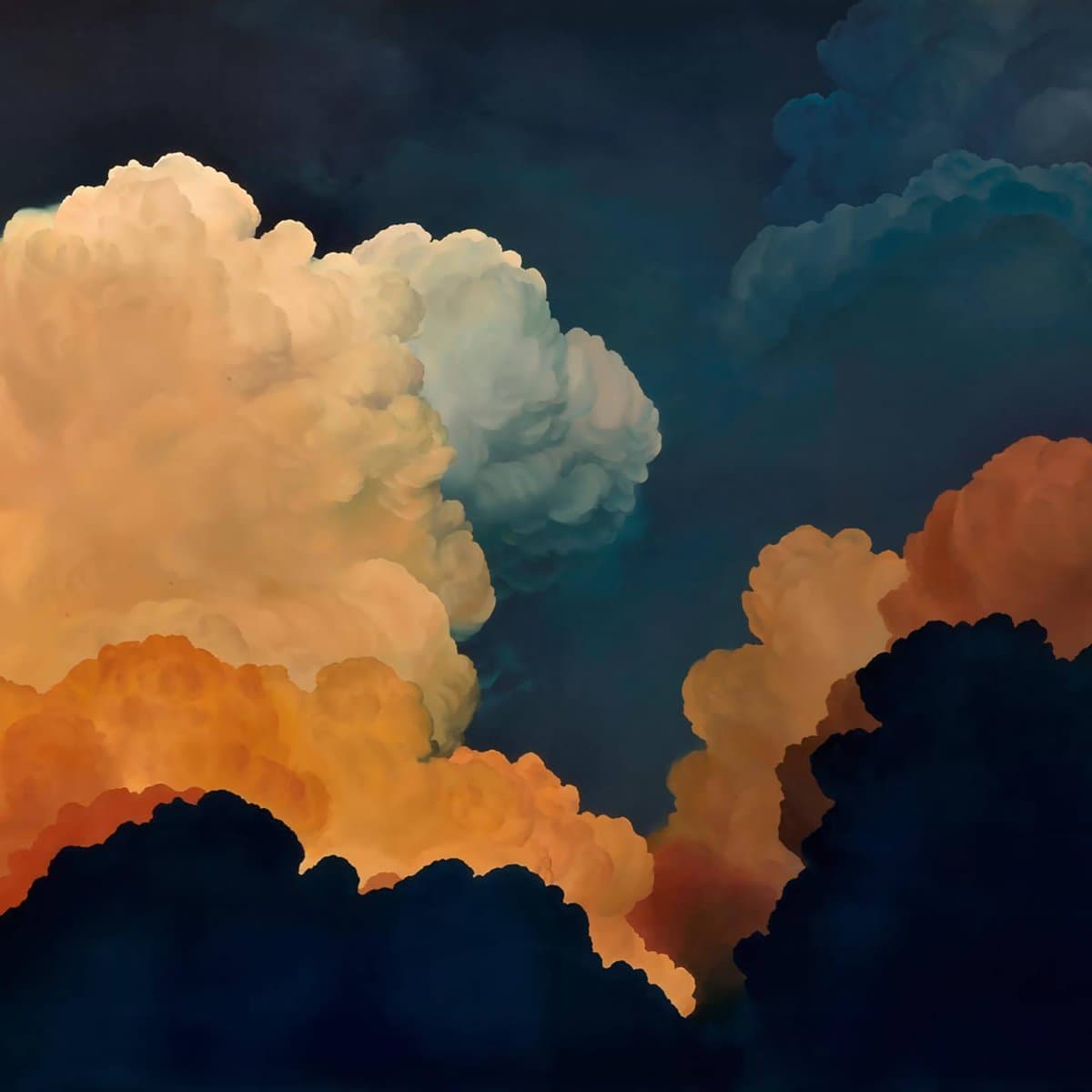 This is an oil painting depicting dramatic, billowing clouds in a dark sky. The clouds are rendered in warm tones of orange, yellow, and cream, contrasting with deep blue and black shadows, creating a moody and atmospheric scene.