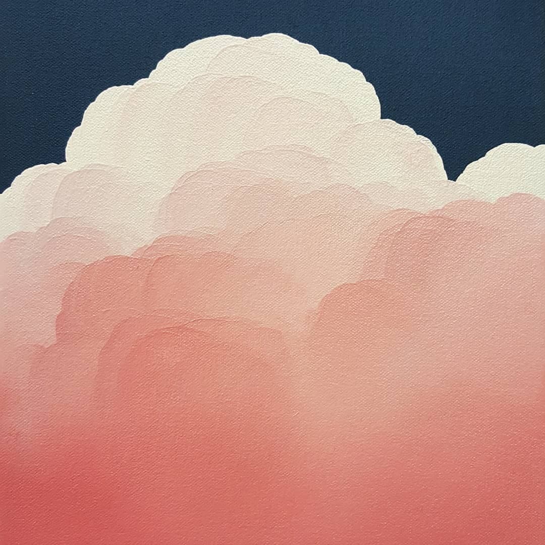 A close-up detail of an oil painting featuring a stylized cloud formation with a scalloped white top and a soft pink-to-red gradient base, set against a dark blue background.