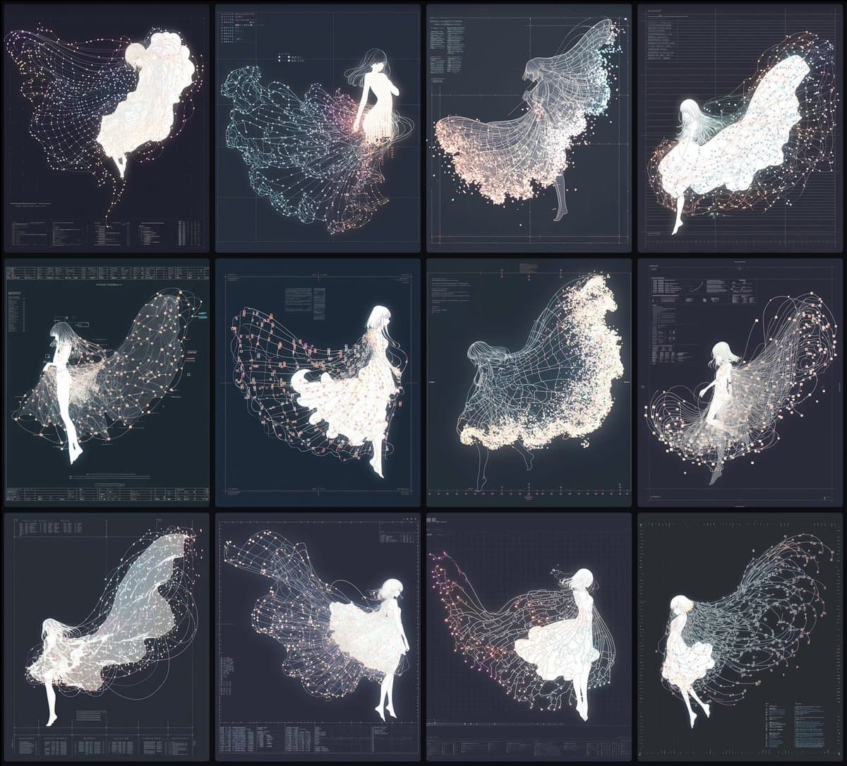 A 3x4 grid of twelve digital illustrations depicting a female figure with large, flowing wings composed of glowing particles and wireframe lines. The artwork features a dark, technical background with faint grid lines and data readouts, giving it a futuristic or scientific aesthetic.