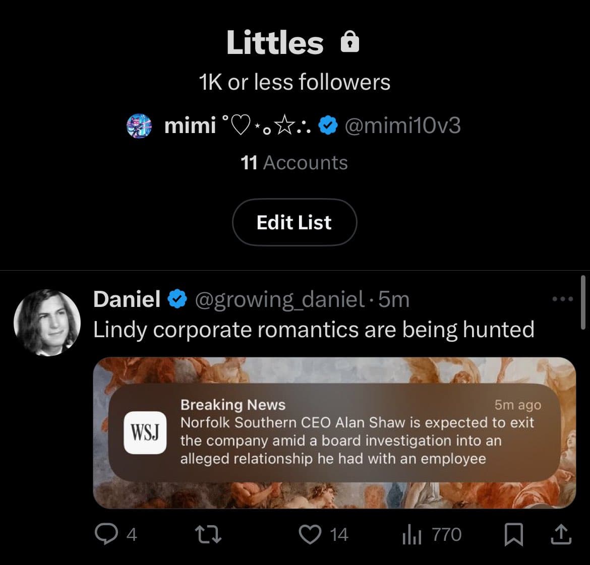 A screenshot of a Twitter/X interface showing a curated list named 'Littles' and a tweet from user Daniel (@growing_daniel). The tweet includes a screenshot of a Wall Street Journal breaking news alert about Norfolk Southern CEO Alan Shaw.