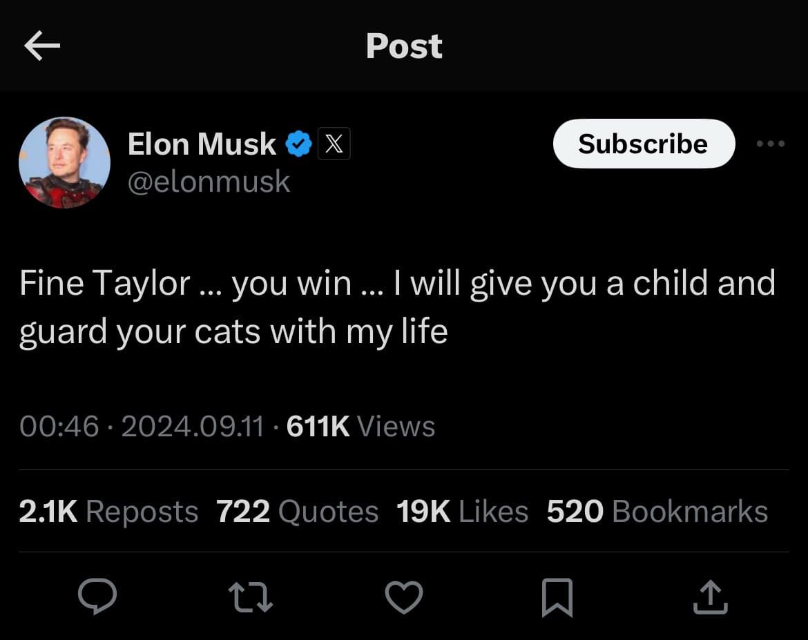 A screenshot of a social media post from Elon Musk's account. The post contains a short, humorous text message.