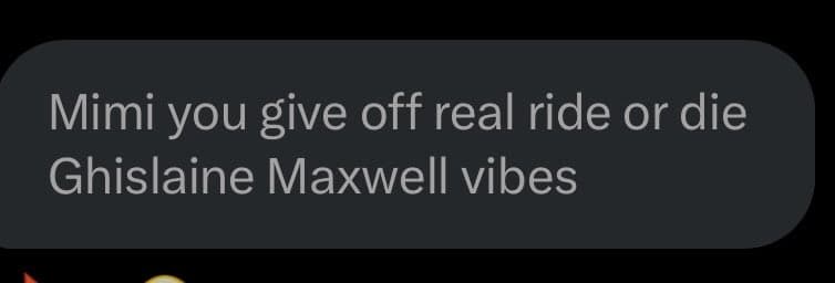 A screenshot of a dark-mode text message bubble containing a comment about a person named Mimi.