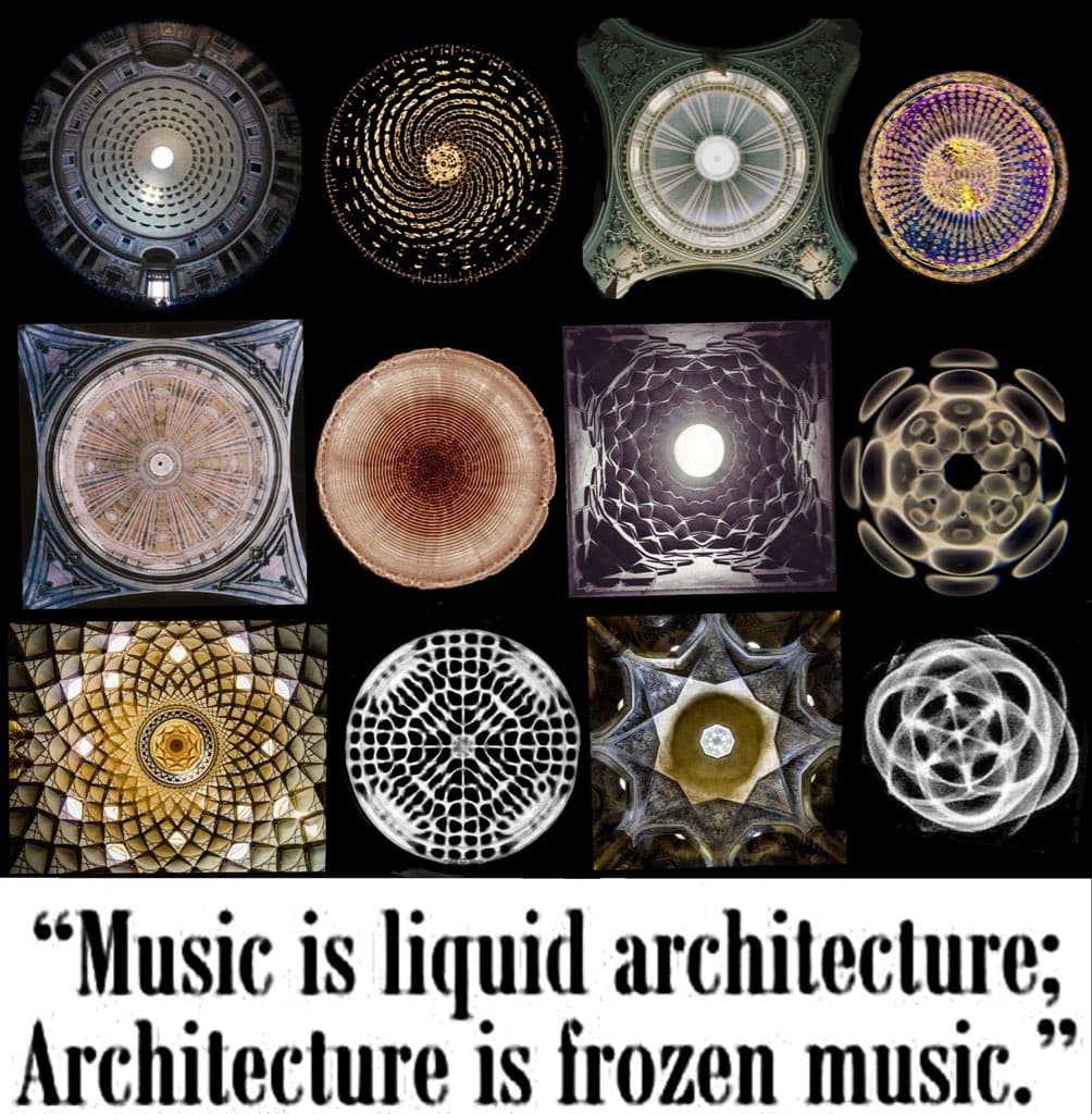 A collage of twelve circular and geometric architectural ceiling designs arranged in a grid, accompanied by a quote at the bottom.
