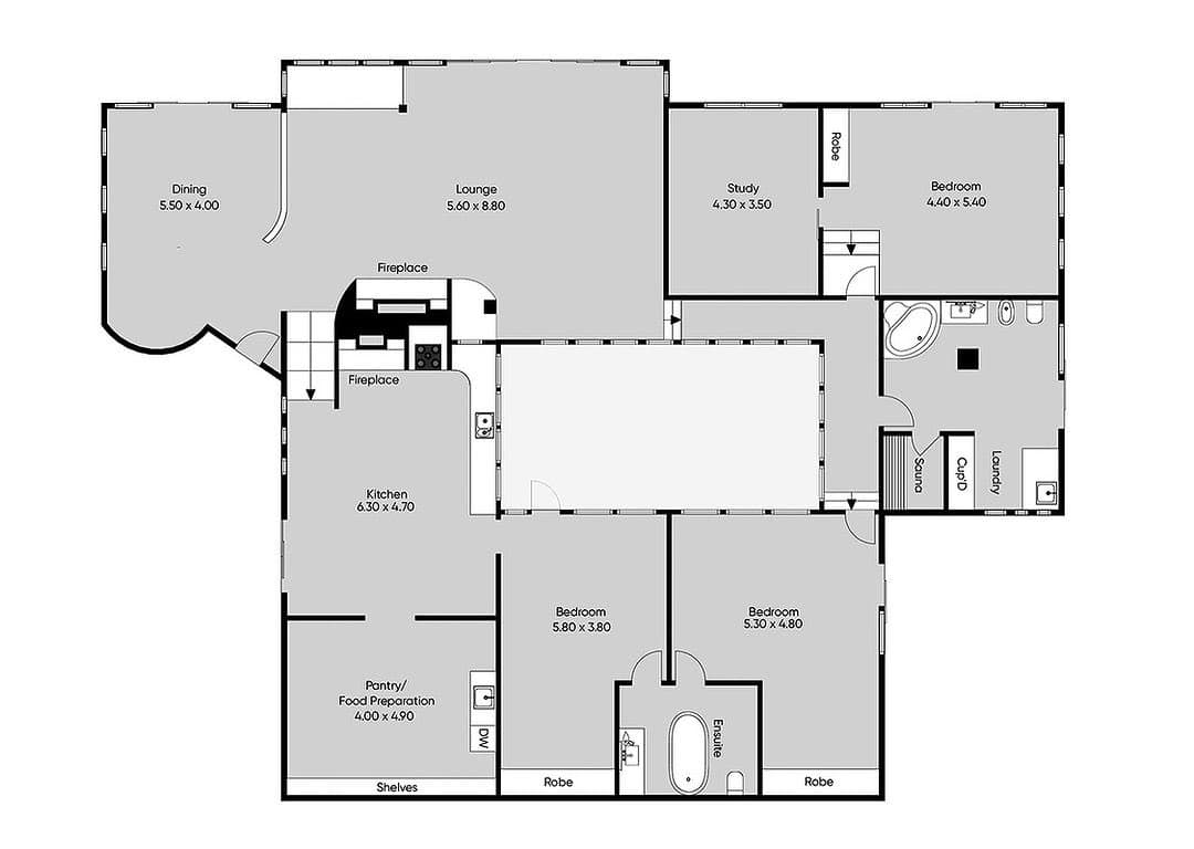 A black-and-white architectural floor plan of a residential home, showing the layout and dimensions of various rooms. The plan includes a dining area, lounge, kitchen, study, three bedrooms, and multiple bathrooms and storage spaces.
