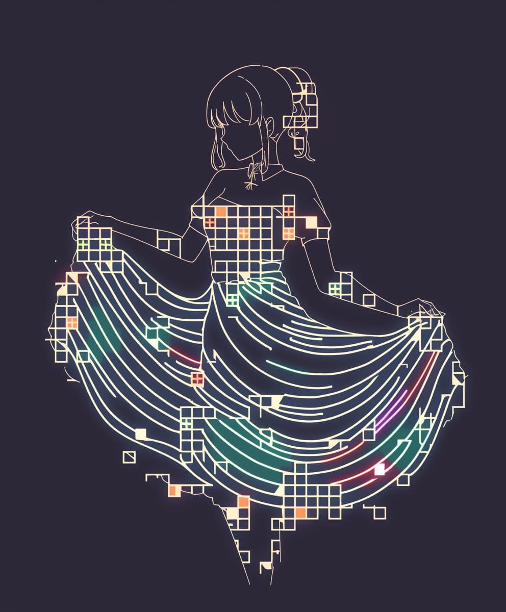 A digital illustration of a female anime character in a flowing dress, depicted in a minimalist line-art style against a dark background. The character's hair and dress are partially composed of a pixelated, grid-like pattern with glowing accents in orange, green, and purple.