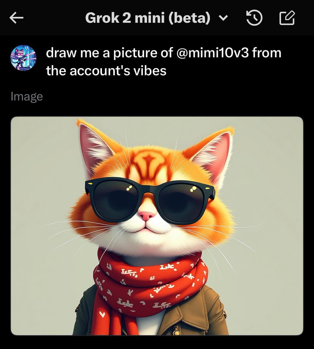 A screenshot of the Grok 2 mini (beta) app showing a user's prompt to 'draw me a picture of @mimi10v3 from the account's vibes' and the resulting AI-generated image. The image features a stylized orange tabby cat wearing black sunglasses, a red patterned scarf, and a brown jacket.