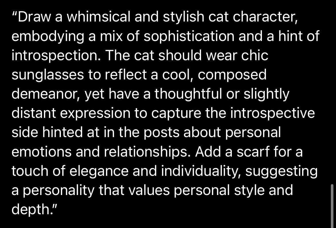 A screenshot of a text prompt displayed in white font on a black background. The text is an instruction for an AI image generator to create a specific character.