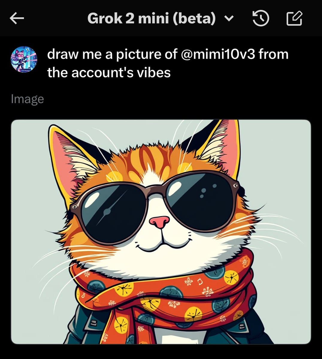 A screenshot of the Grok 2 mini (beta) app showing a user prompt and the resulting AI-generated image. The image is a cartoon-style illustration of an orange and white cat wearing dark sunglasses and a red patterned scarf.