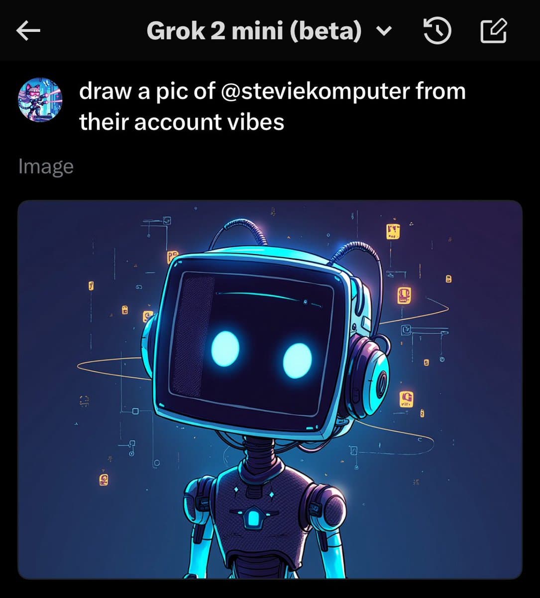 A screenshot of an AI image generator interface showing a prompt and the resulting digital artwork. The generated image depicts a stylized robot with a square monitor for a head, glowing blue eyes, and headphones, set against a dark background with circuit-like patterns. The interface header indicates the model used is 'Grok 2 mini (beta)' and the prompt text is 'draw a pic of @steviekomputer from their account vibes'.